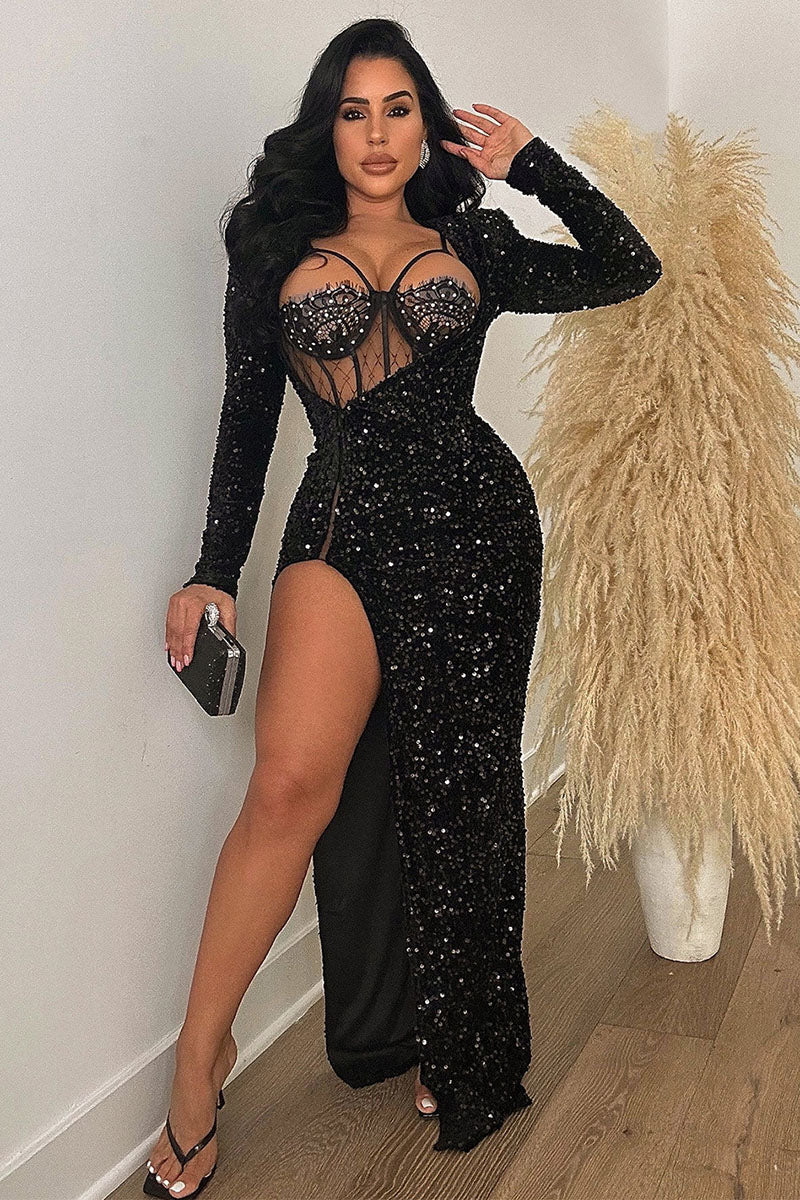 Sequins Corset Long Sleeve Bodycon High Slit Gowns Maxi Dresses-Black