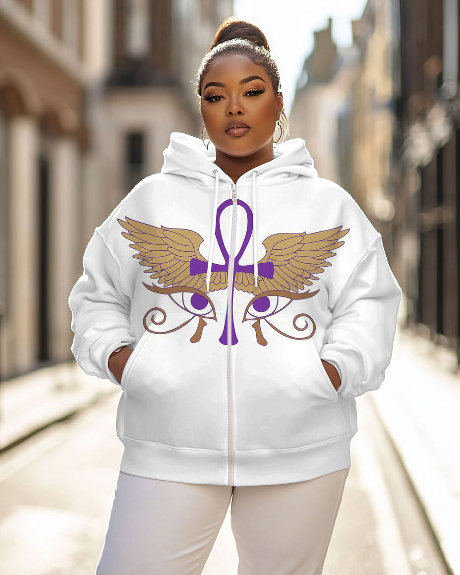 Women Ankh with Wing Print Long Sleeve Zipper Hoodie