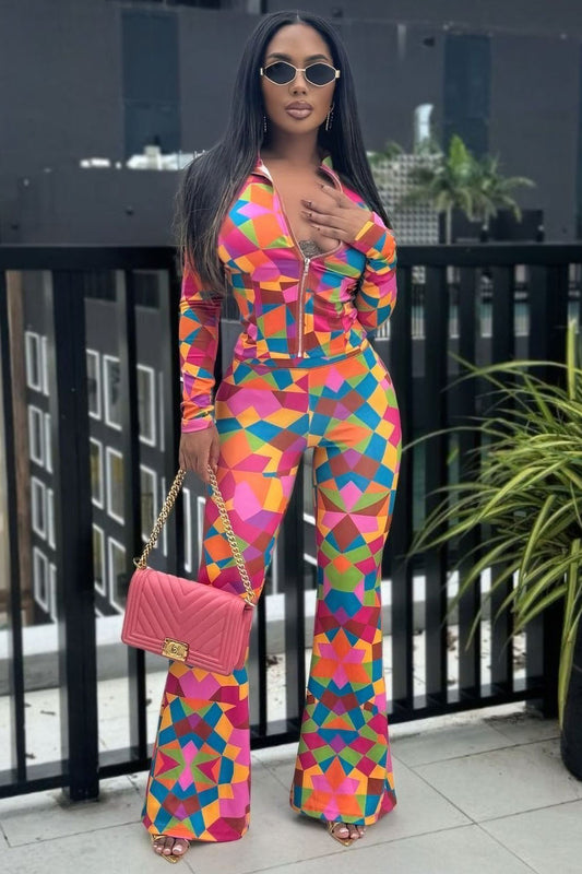 Colorblock Geometric Print Zip-Up Top Pants 2pcs Set-Multicolor [Pre Order]