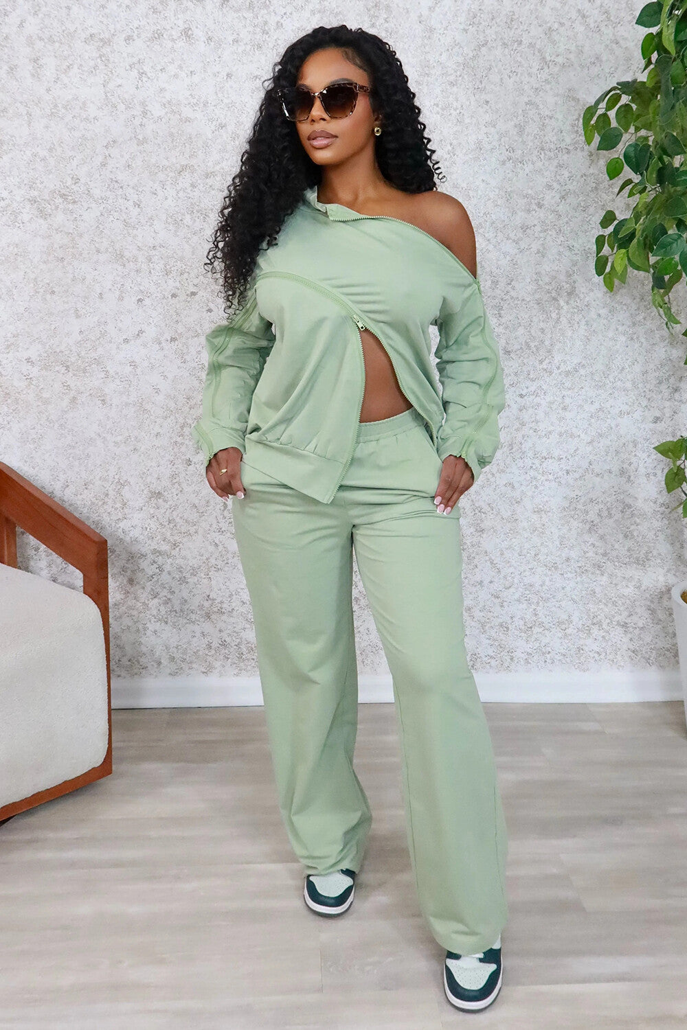 Zips Patchwork Sweatshirt Solid Color Pants 2pcs Set-Green