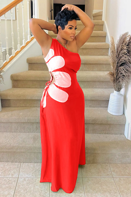 One Shoulder Petal Print Ruched Sleeveless Maxi Dresses-Green [Pre Order]