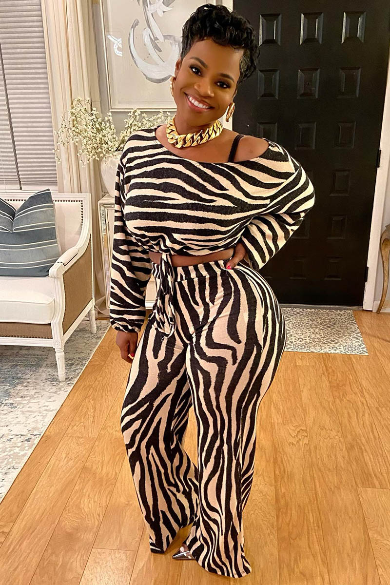 Zebra Print Strap Long Sleeve Knotted Top Pants Matching Set