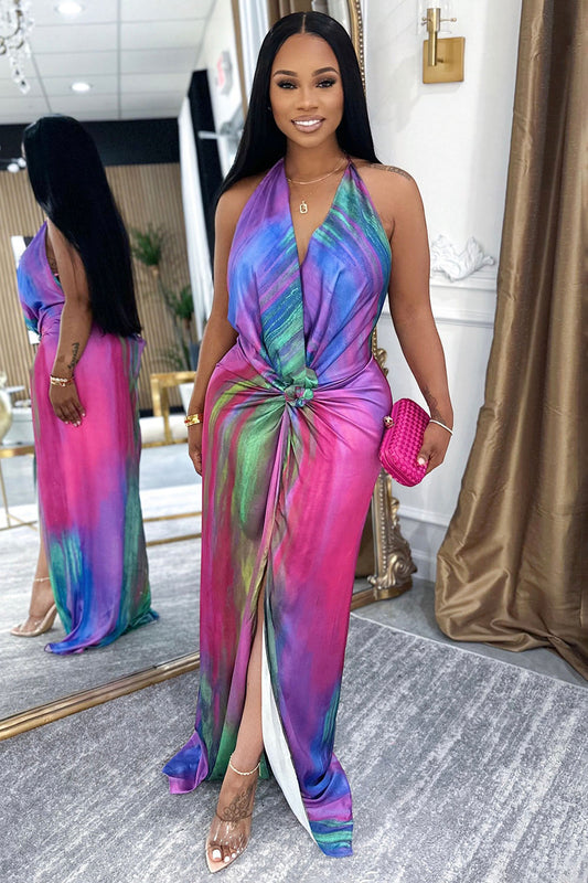 Tie Dye Print Halter Twisted Slit Vacation Maxi Dresses-Fuchsia [Pre Order]