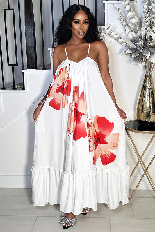 Floral Print Oversized Quilted Hem Vacay Cami Maxi Dresses-White [Pre Order]