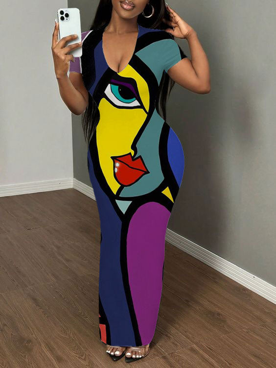 Colorblock Abstract Face Print Short Sleeve Bodycon Maxi Dress