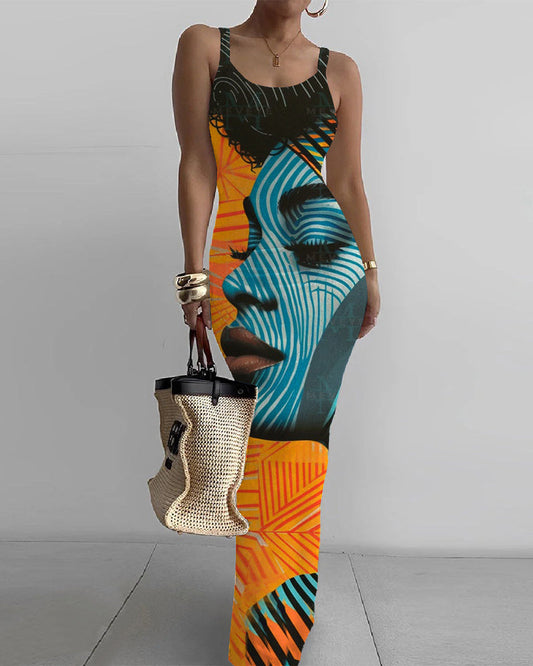 Geometric Stripes Art Portrait Print Bodycon Cami Dress