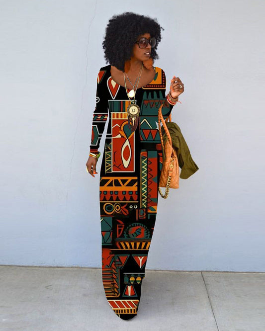 Retro Tribal Print Crew Neck Long Sleeve Dress
