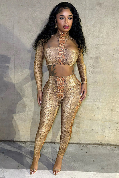 Snake Pattern High Neck Cutout Crop Top Skinny Pants 2pcs Set-Beige