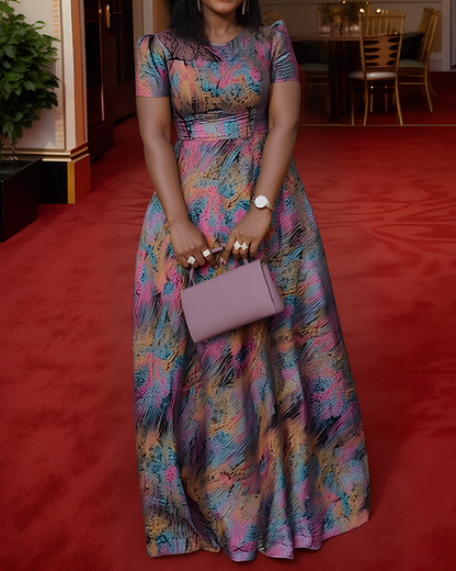 Women's Summer Elegant Gorgeous Printed Lace Round Neck Short Sleeve A-Line Maxi Dress