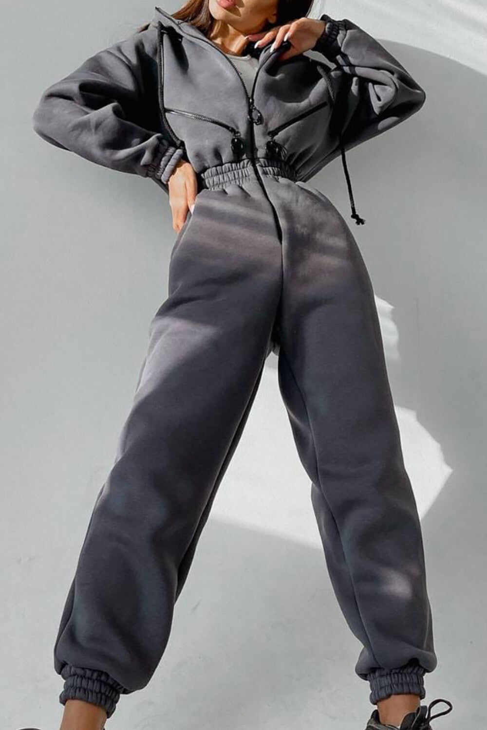 Zip-Up Cinch Waist Long Sleeve Hooded Solid Color Casual Jumpsuit-Green