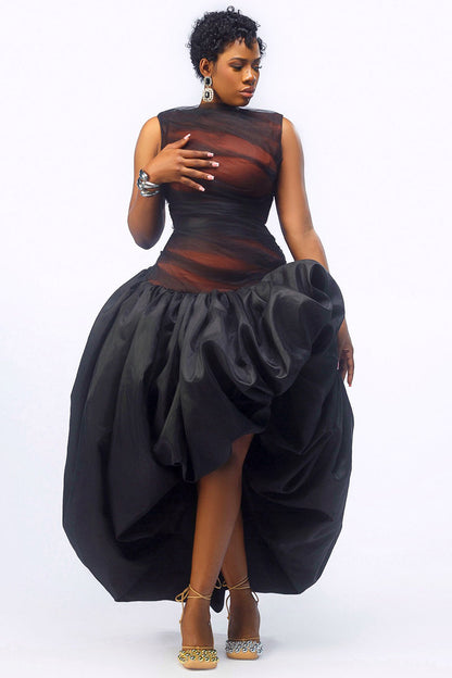 Print Patchwork Sleeveless Party Maxi Bubble Mullet Dresses-Black [Pre Order]