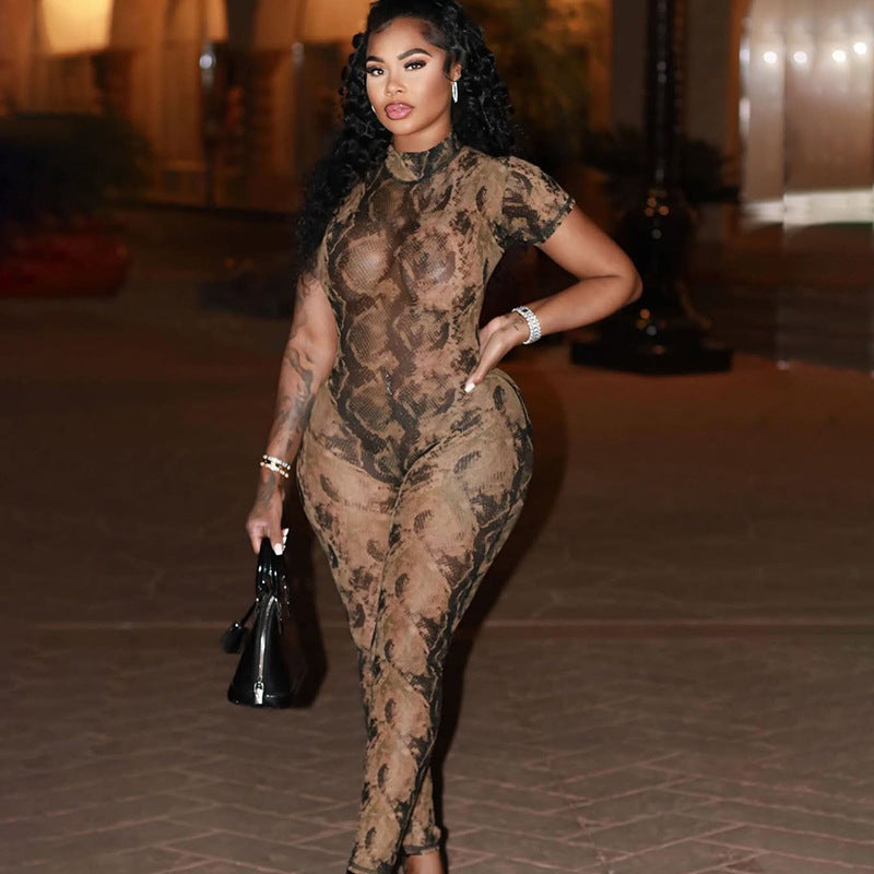 Women's Sexy Backless Fashion Printed Sheer Mesh Jumpsuit