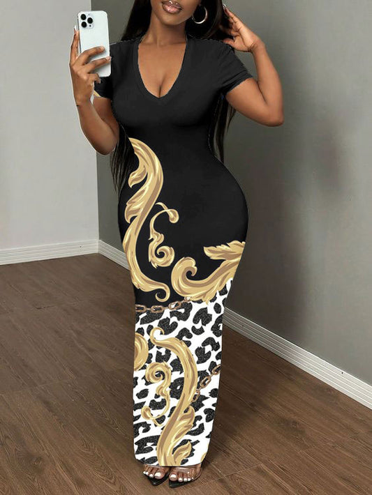 Luxurious Leopard Print Short Sleeve Bodycon Maxi Dress