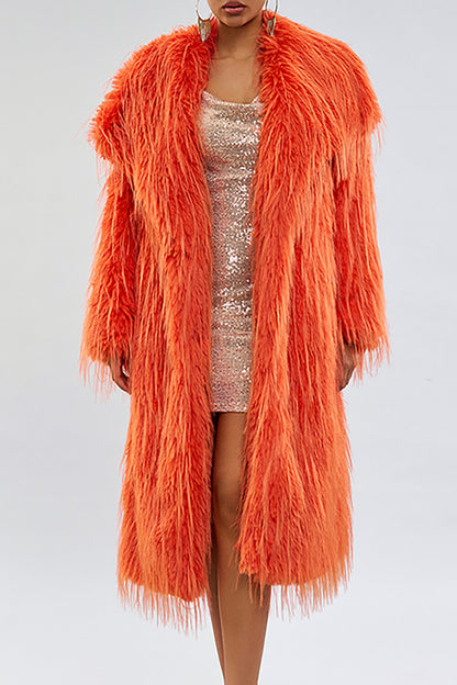 Solid Color Faux Fur Fringed Long Sleeve Overcoat-Orange