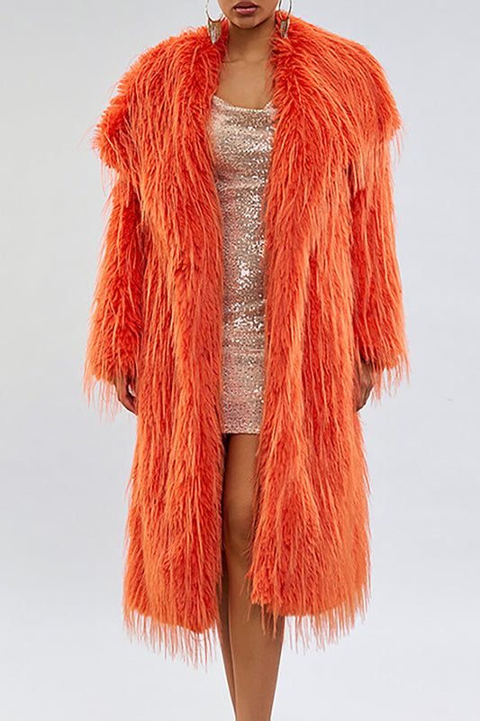 Solid Color Faux Fur Fringed Long Sleeve Overcoat-Orange