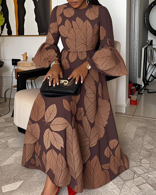 Women Fashion Elegant Formal Round Neck 3/4 Sleeves Leaf Pattern Maxi Dress