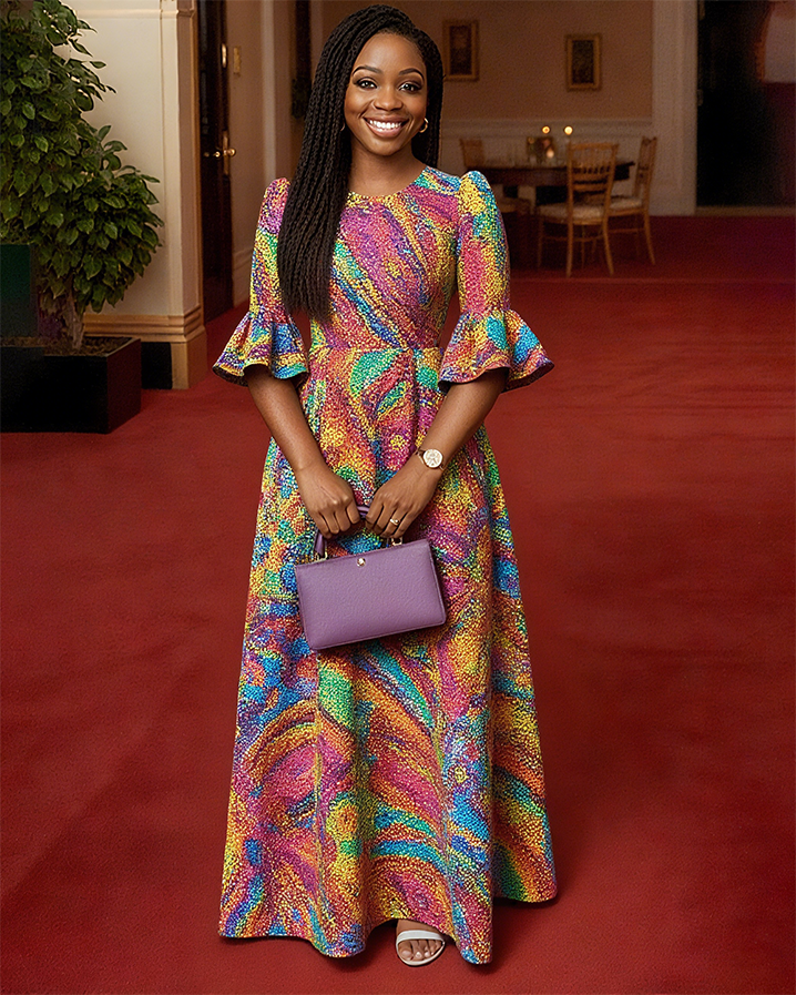 Women Fashion Elegant Formal Round Neck 3/4 Sleeves Pattern Maxi Dress