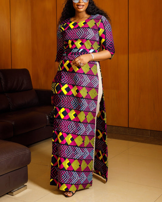 Women's Casual Print Round Neck Kaftan Maxi Dress