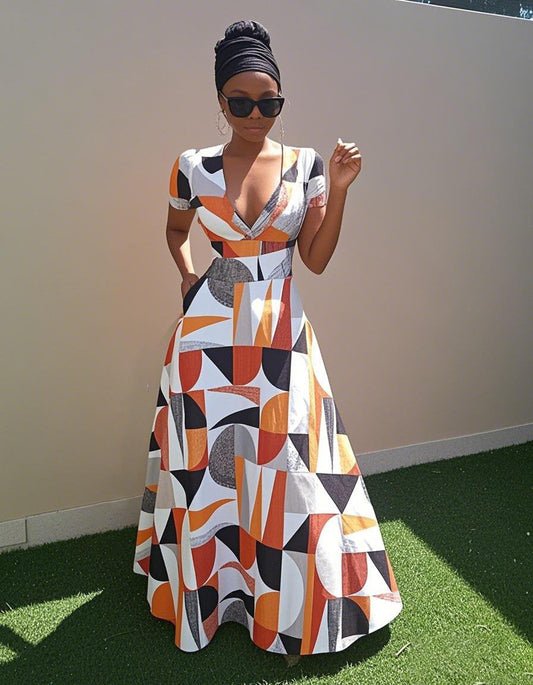 V Neck African Orange Geometric Print Short Sleeve Maxi Dress