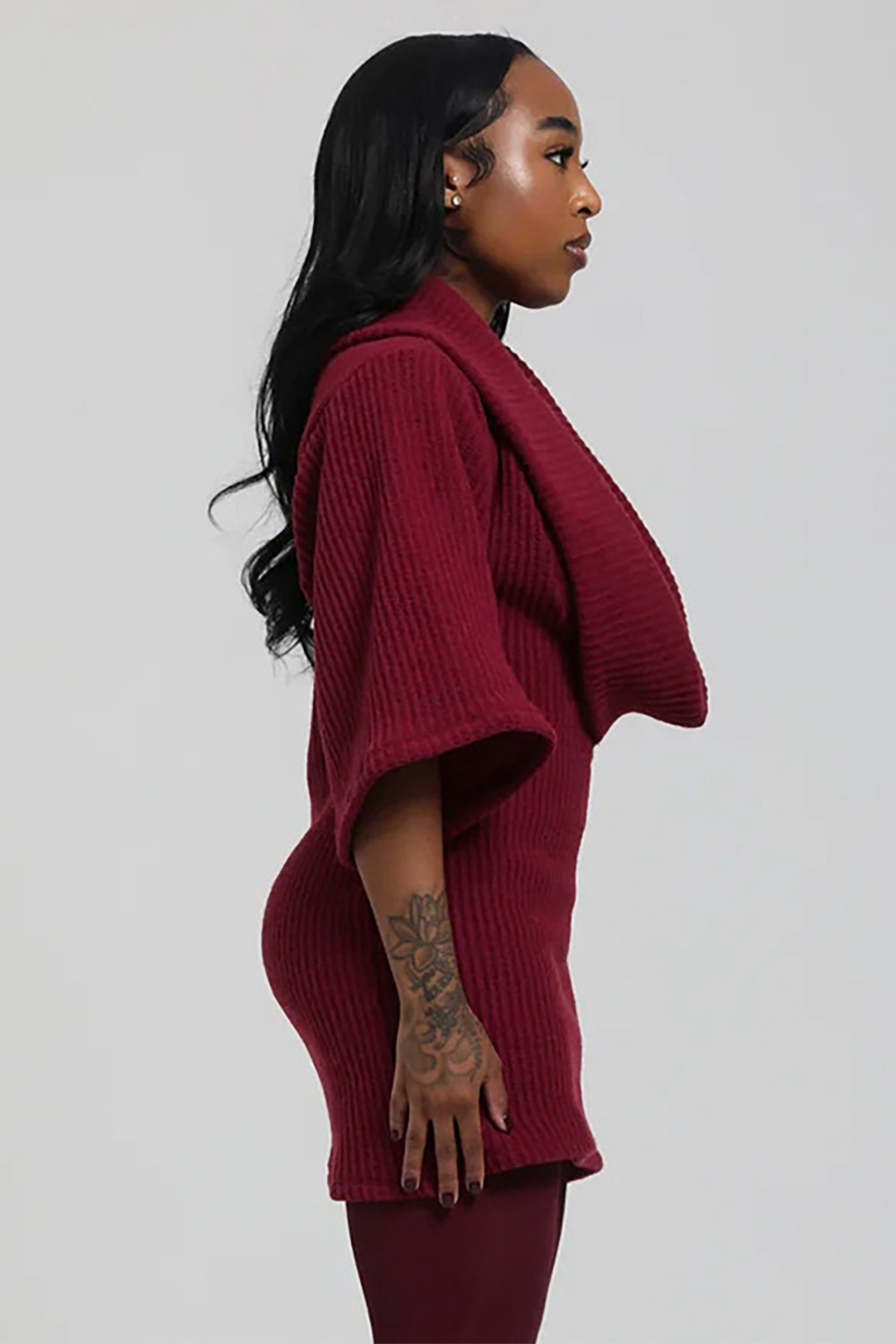 Cowl Neckline Half Sleeve Knit Bodycon Solid Color Sweater Mini Dresses-Gray