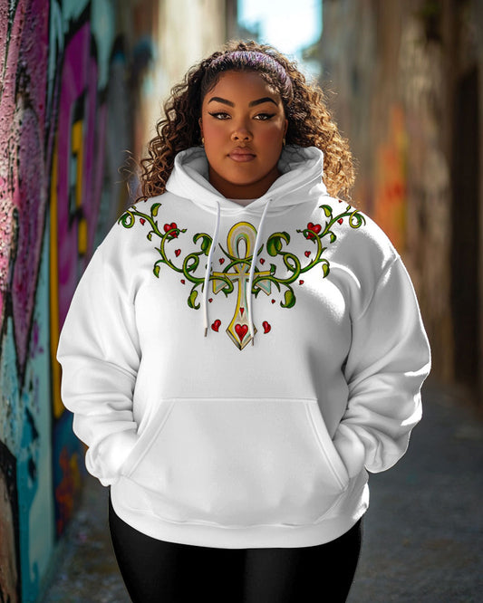 Women Plant and Ankh Cross Print Long-sleeved Hoodie