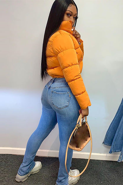 Turndown Collar Long Sleeve Zip-Up Solid Color Crop Down Coat-Orange