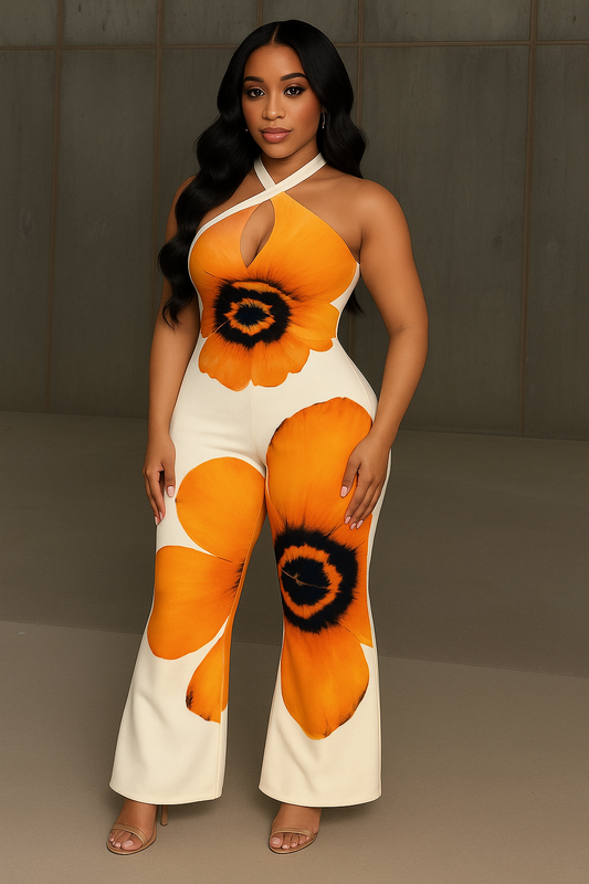 Sexy Halter Sleeveless Orange Printed Tight Jumpsuit