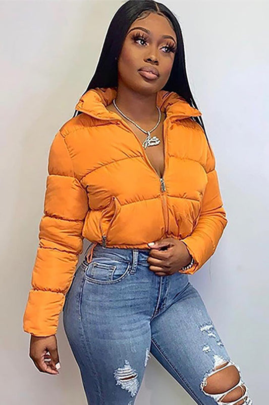 Turndown Collar Long Sleeve Zip-Up Solid Color Crop Down Coat-Orange