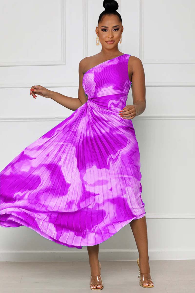 One Shoulder Sleeveless Print Cut Out Pleated Hem Maxi Dress