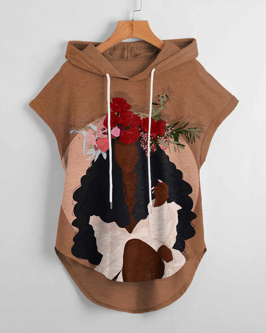 Brown Flowers Girl Drawstring Hooded Tee