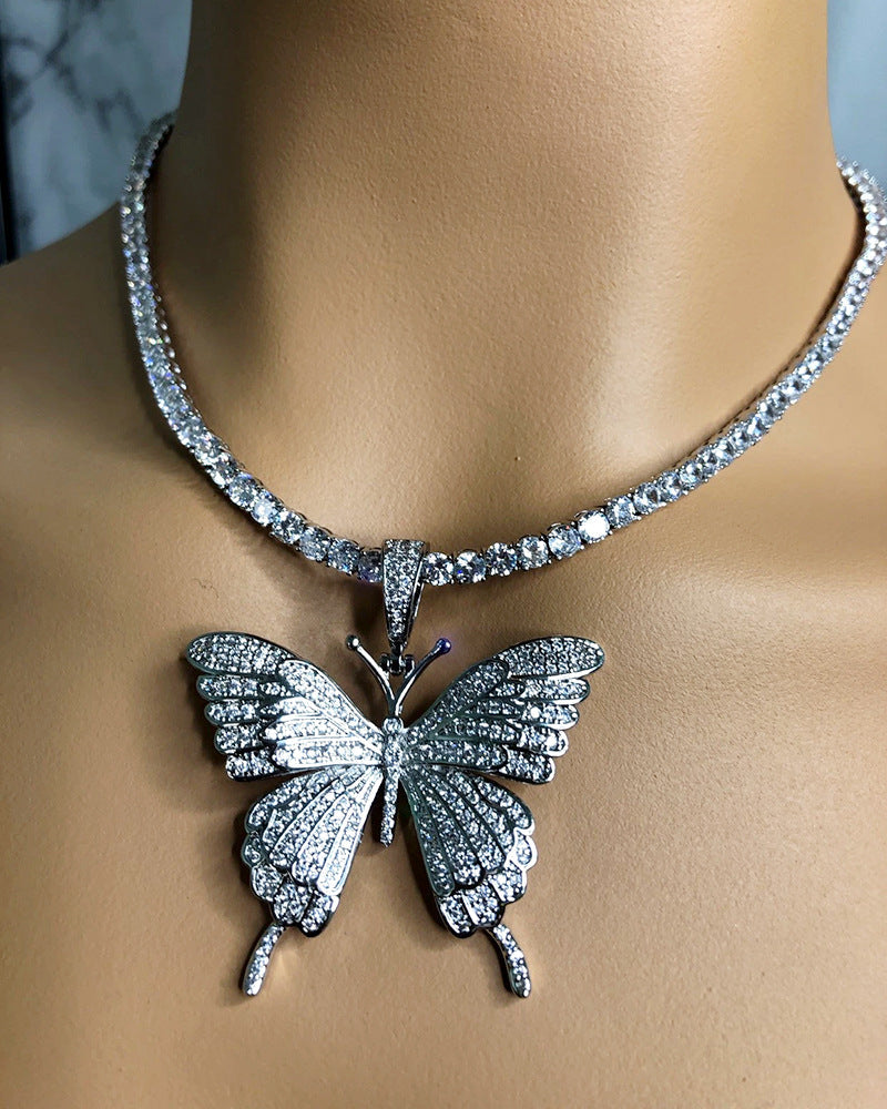 Layered Rhinestone Butterfly Pendant Necklaces Jewelry