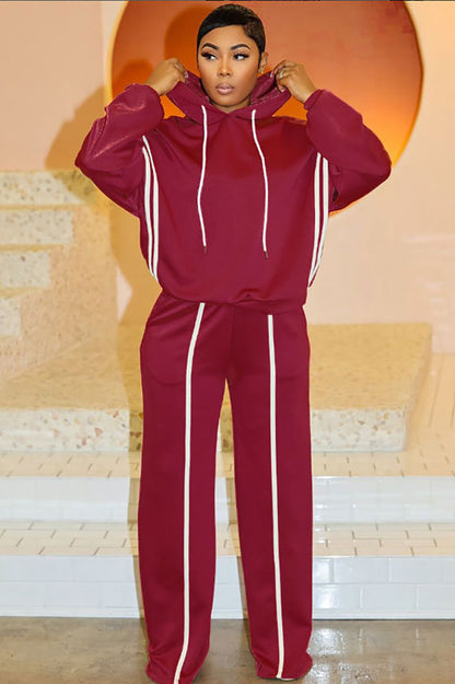 Colorblock Trim Long Sleeve Hoodie Straight Leg Pants Casual 2pcs Set-Black