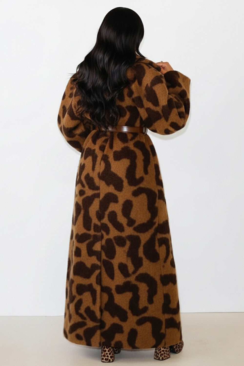 Leopard Pattern Long Sleeve Casual Woolen Overcoat-Brown [Pre Order]