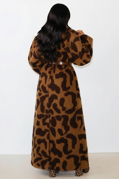 Leopard Pattern Long Sleeve Casual Woolen Overcoat-Brown [Pre Order]