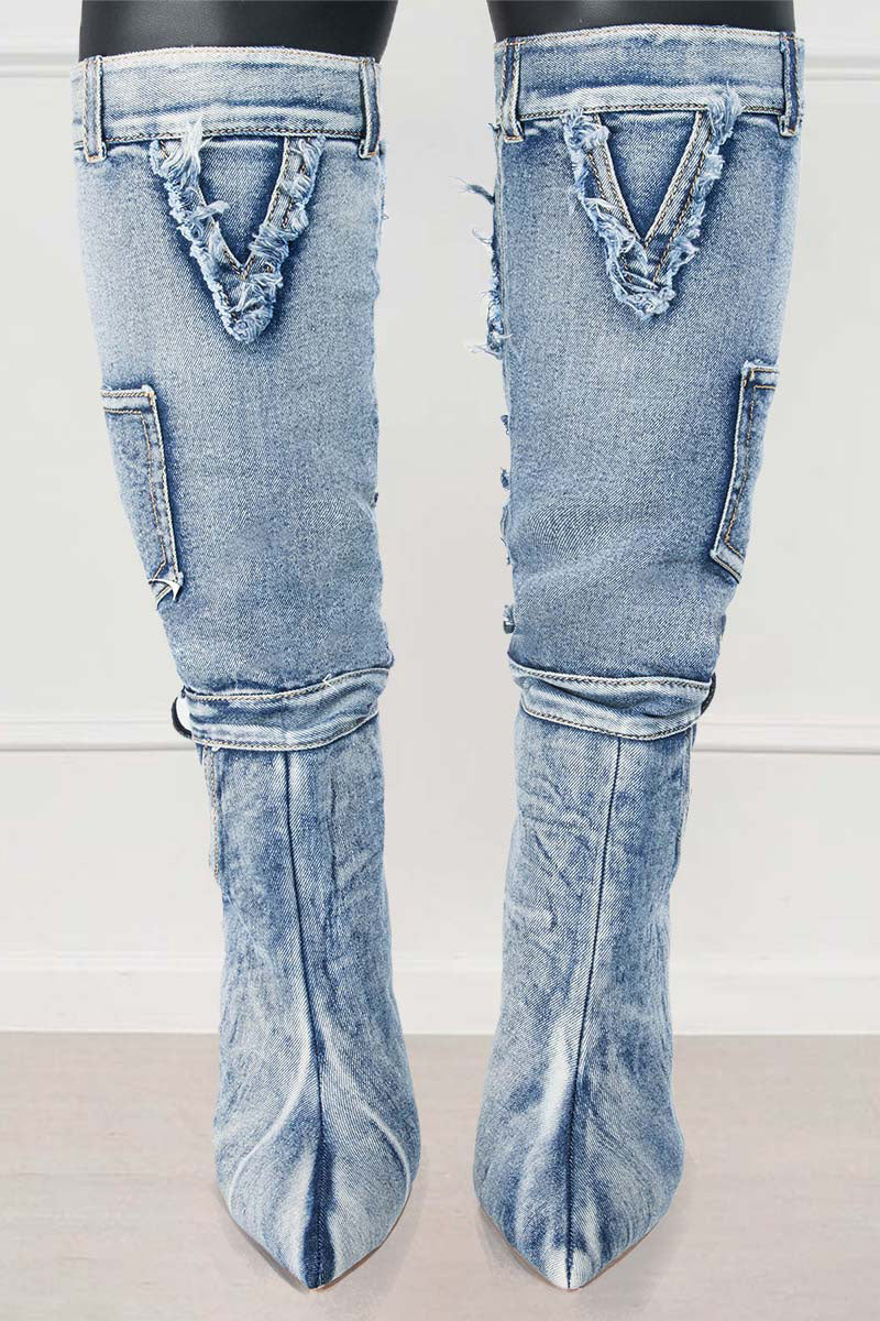 Denim Raw Edge Pointy Toe Stiletto High Leg Boots-Blue