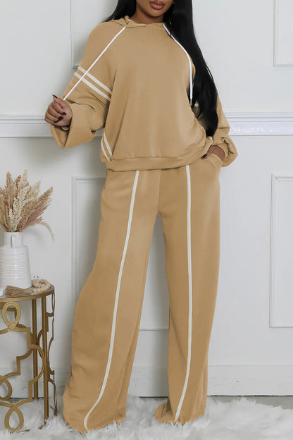 Colorblock Trim Long Sleeve Hoodie Straight Leg Pants Casual 2pcs Set-Black