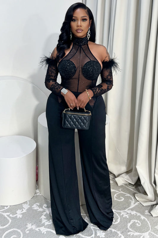 Mesh Patchwork Halter Feather Oversleeves Party Jumpsuit-Black [Pre Order]