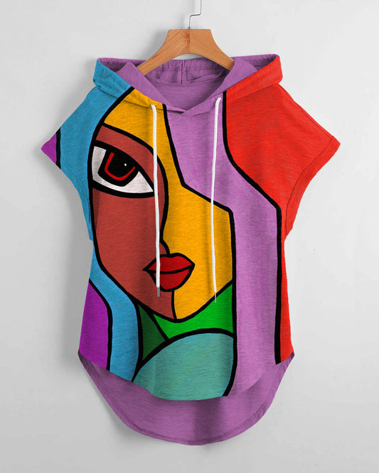 Color Line Face Art Low Hem Drawstring Hooded Tee