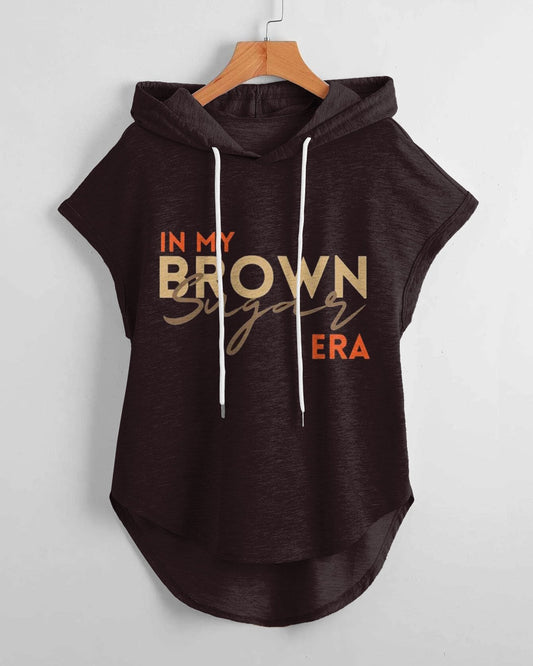 In My Brown Suger Low Hem Drawstring Hooded Tee