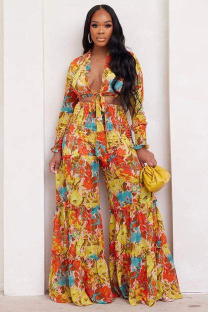 Deep V Neck Knot Print Wide Leg Pants Two Piece Set