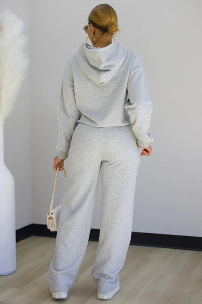 Pearl-Like Beads Decor Hoodie Sweatpants Casual 2pcs Set-Gray [Pre Order]