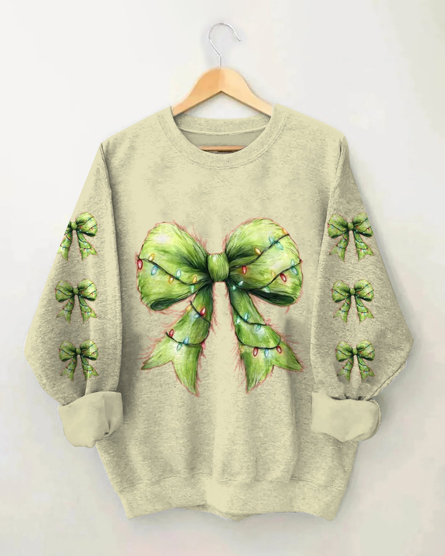 Daily Christmas Bow Green Fur Print Long-sleeved Sweatshirt