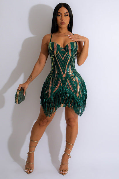 Sequin Pattern Irregular Fringed Hem Cocktail Party Slip Mini Dresses