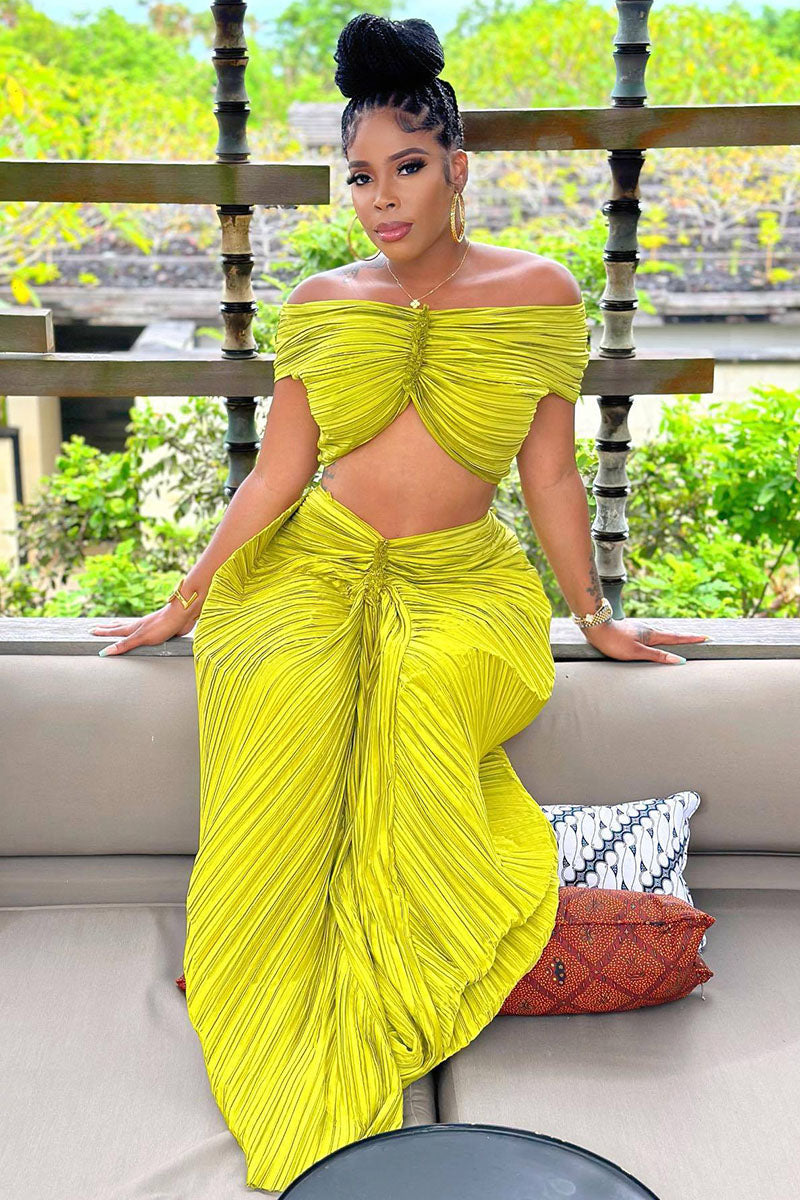 Pleated Off Shoulder Short Sleeve Crop Top Bodycon Maxi Skirt Vacation Two-Piece Set