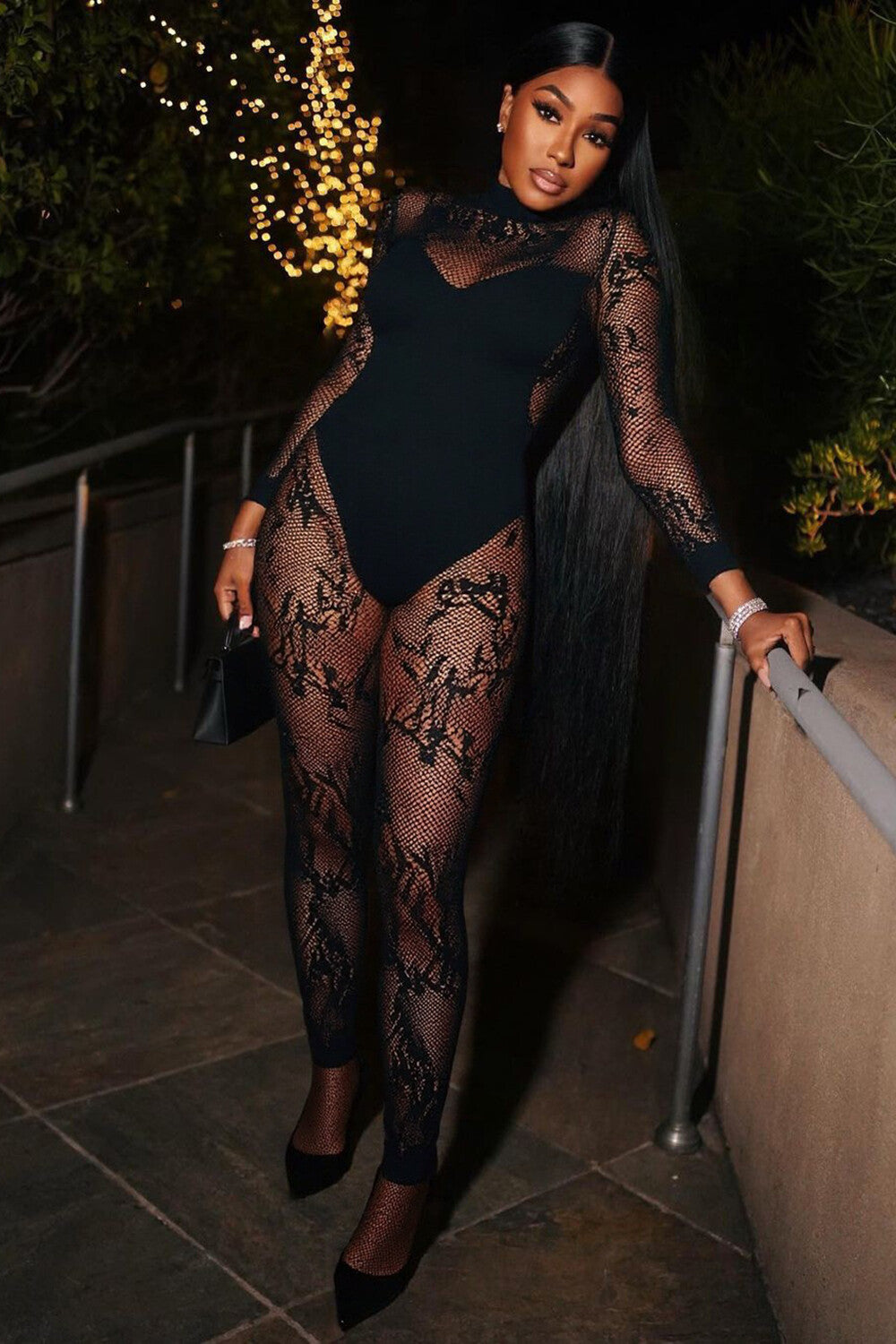 Lace Patchwork Long Sleeve High Neck See Through Jumpsuit-Black