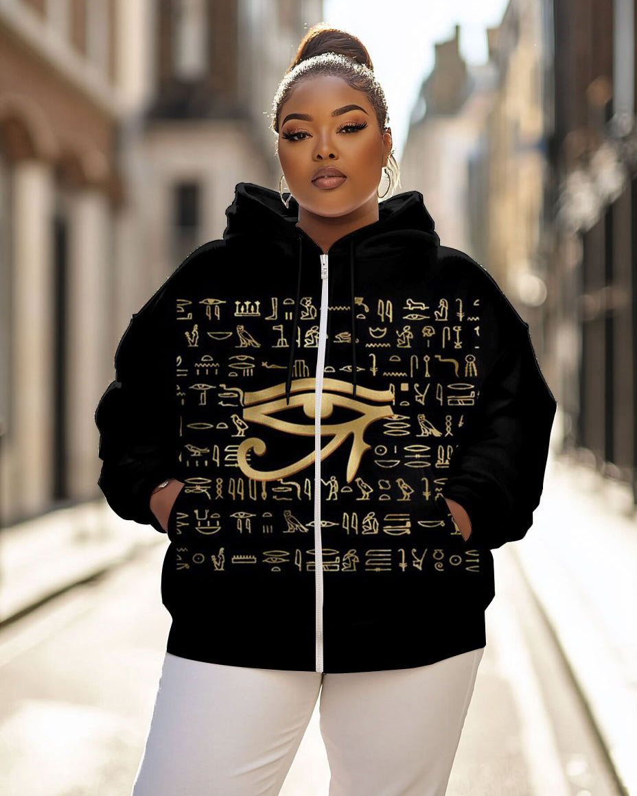 Women Eye of Horus Print Long Sleeve Zipper Hoodie