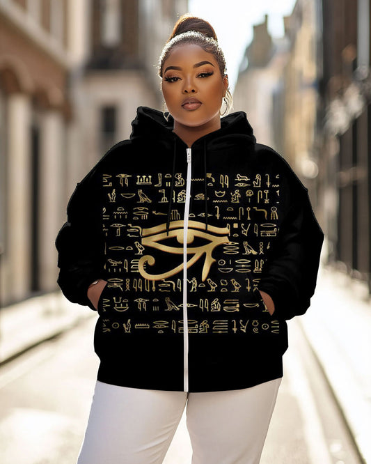 Women Eye of Horus Print Long Sleeve Zipper Hoodie