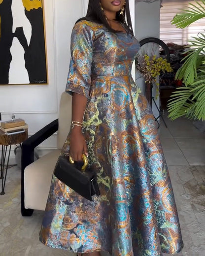 Elegant Square Neck Half Sleeve Pocket Maxi Dress