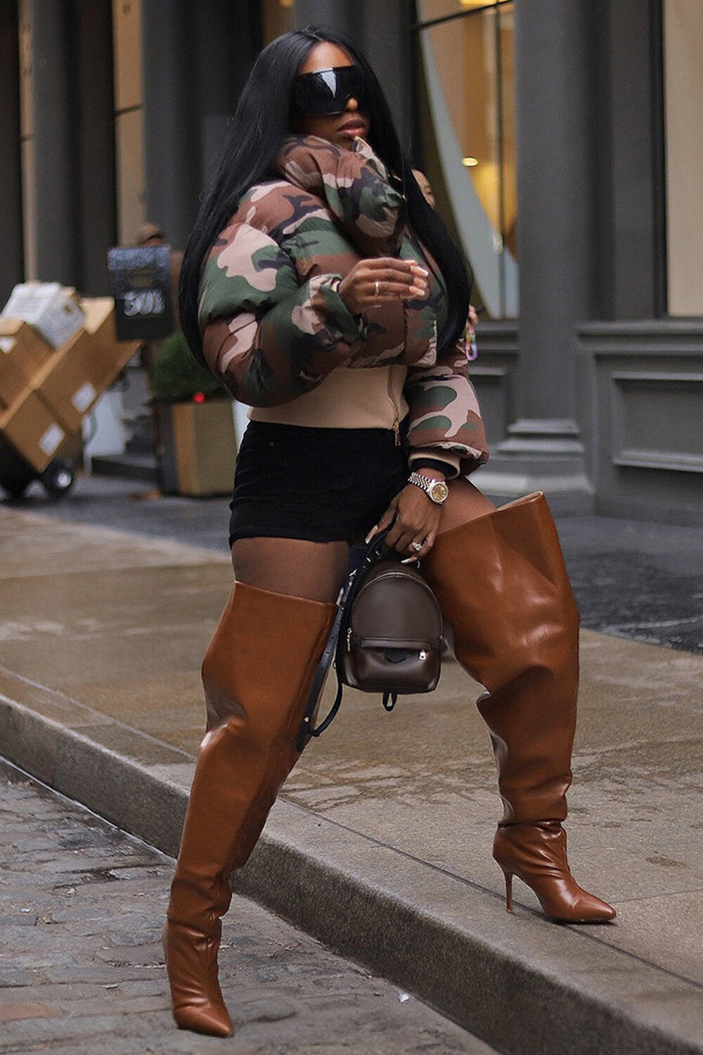 Camo Print Turndown Collar Long Sleeve Crop Down Coat-Brown