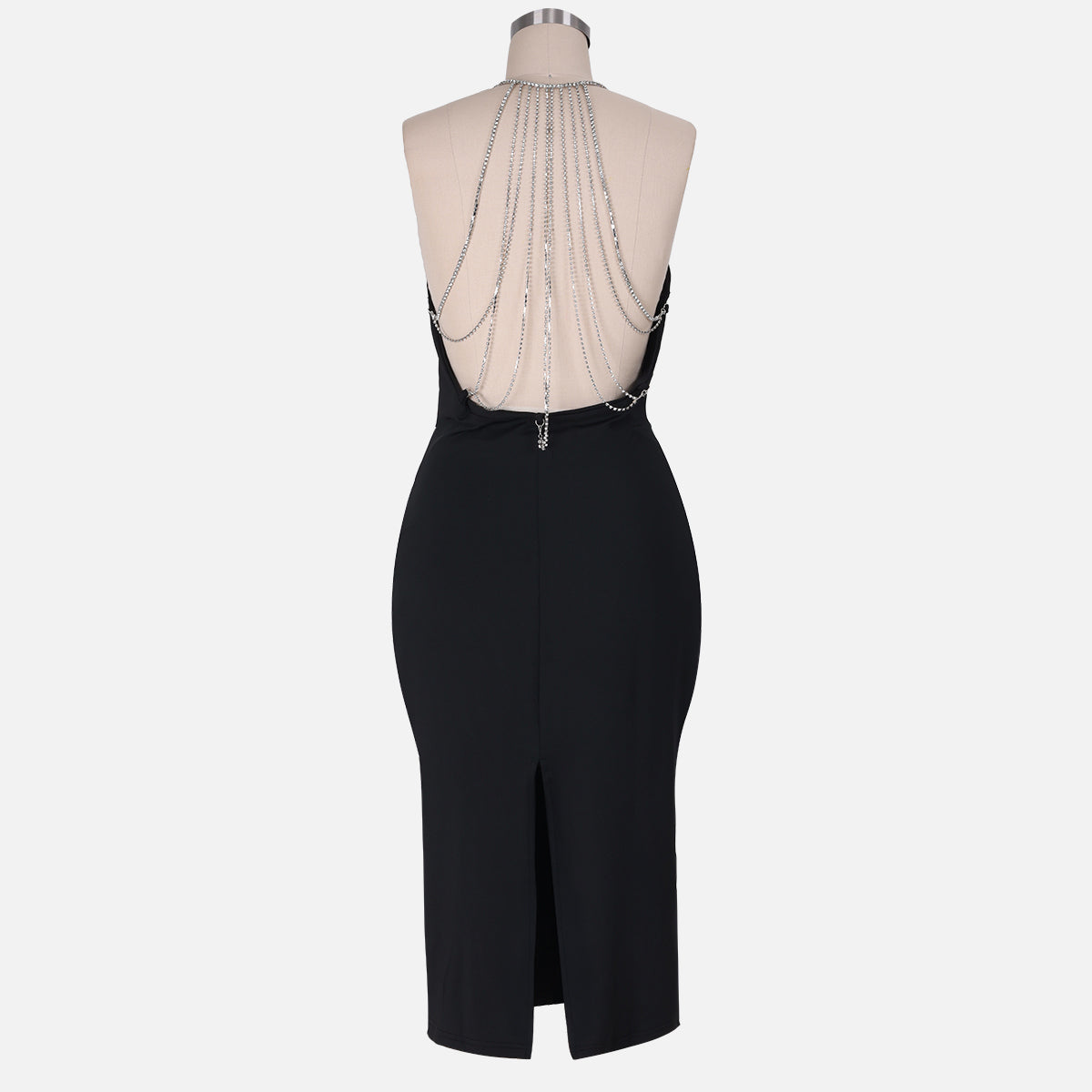 Black Rhinestone Backless Bodycon Dress